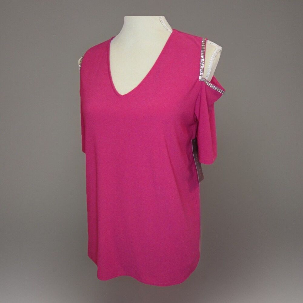 Cold Shoulder Top Glam Blouse Womens M Hot Magenta Pink Stretch Rhinestones NWT
